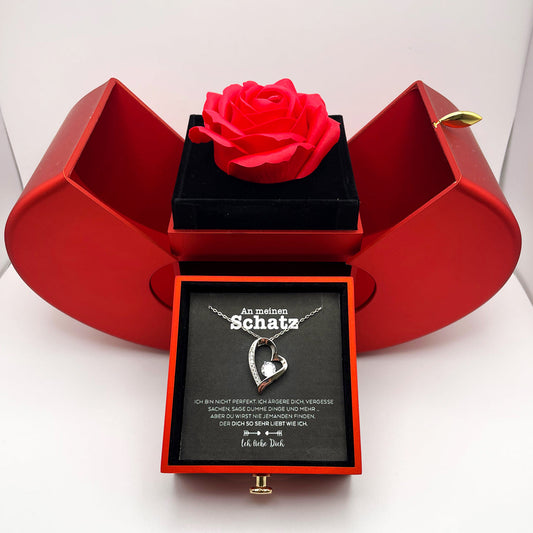 Meine Liebe | Weißgold Halskette - Mit konservierter Rose Geschenkbox - An meinen Schatz